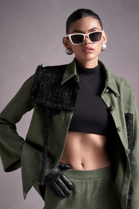 Qala Clothing Green Suede, Tweed Fringe Collared Ivanna Panelled Jacket And Pant Set at Aza Fashions Qala Clothing_Green Suede, Tweed Fringe Collared Ivanna Panelled Jacket And Pant Set_at_Aza_Fashions