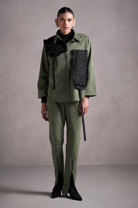 Shop Qala Clothing Green Suede, Tweed Fringe Collared Ivanna Panelled Jacket And Pant Set at Aza Fashions Shop_Qala Clothing_Green Suede, Tweed Fringe Collared Ivanna Panelled Jacket And Pant Set_at_Aza_Fashions