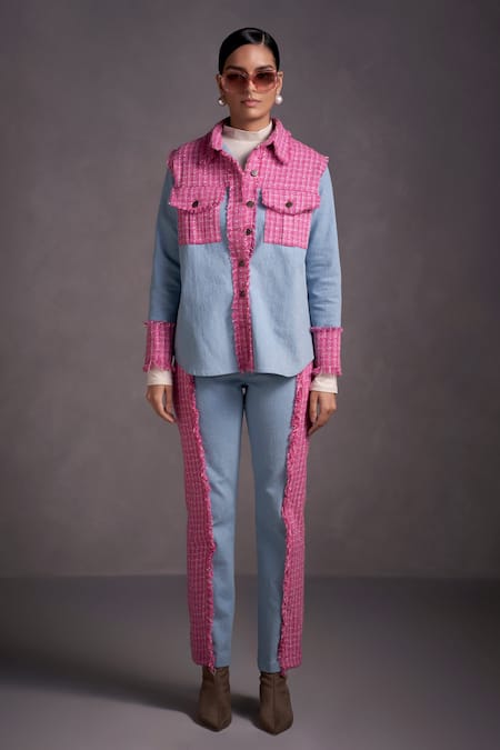 QALA CLOTHING Blue Denim Knitted Collar Angie Panelled Shirt And Pant Set 