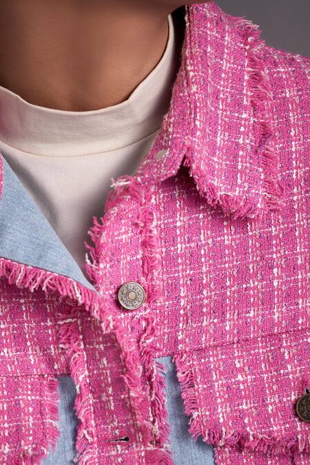 Qala Clothing Blue Denim, Tweed Collared Angie Panelled Shirt And Pant Set Online at Aza Fashions Qala Clothing_Blue Denim, Tweed Collared Angie Panelled Shirt And Pant Set_Online_at_Aza_Fashions