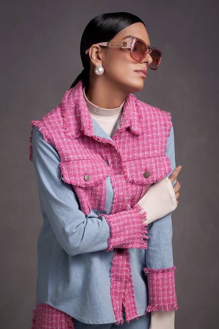 Buy Qala Clothing Blue Denim, Tweed Collared Angie Panelled Shirt And Pant Set Online at Aza Fashions Buy_Qala Clothing_Blue Denim, Tweed Collared Angie Panelled Shirt And Pant Set_Online_at_Aza_Fashions