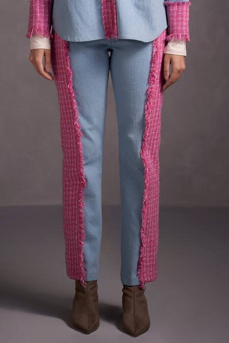 Shop Qala Clothing Blue Denim, Tweed Collared Angie Panelled Shirt And Pant Set Online at Aza Fashions Shop_Qala Clothing_Blue Denim, Tweed Collared Angie Panelled Shirt And Pant Set_Online_at_Aza_Fashions