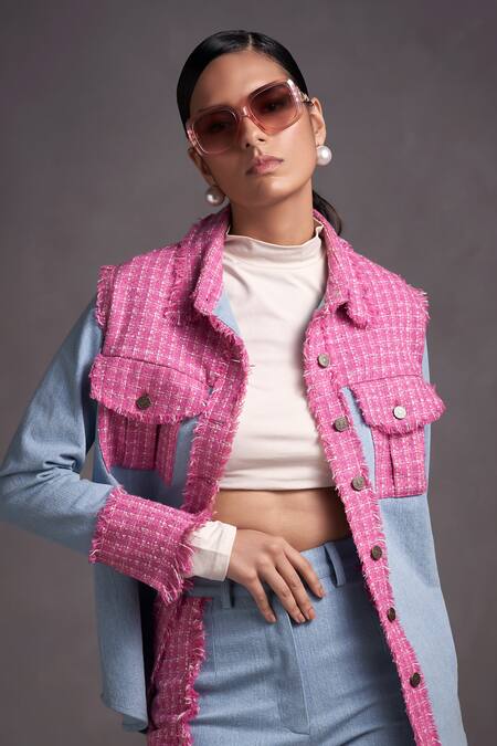 Qala Clothing Blue Denim, Tweed Collared Angie Panelled Shirt And Pant Set at Aza Fashions Qala Clothing_Blue Denim, Tweed Collared Angie Panelled Shirt And Pant Set_at_Aza_Fashions