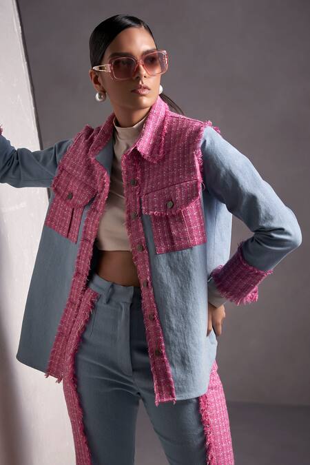Buy Qala Clothing Blue Denim, Tweed Collared Angie Panelled Shirt And Pant Set Buy_Qala Clothing_Blue Denim, Tweed Collared Angie Panelled Shirt And Pant Set