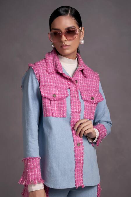 Shop Qala Clothing Blue Denim, Tweed Collared Angie Panelled Shirt And Pant Set at Aza Fashions Shop_Qala Clothing_Blue Denim, Tweed Collared Angie Panelled Shirt And Pant Set_at_Aza_Fashions