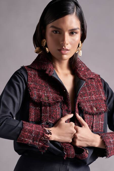 Qala Clothing_Grey Denim, Tweed Collared Liza Panelled Shirt And Pant Set_Online_at_Aza_Fashions