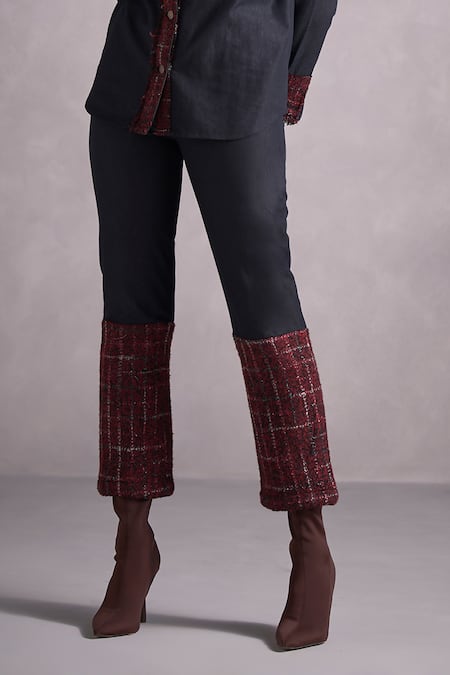 Buy_Qala Clothing_Grey Denim, Tweed Collared Liza Panelled Shirt And Pant Set_Online_at_Aza_Fashions