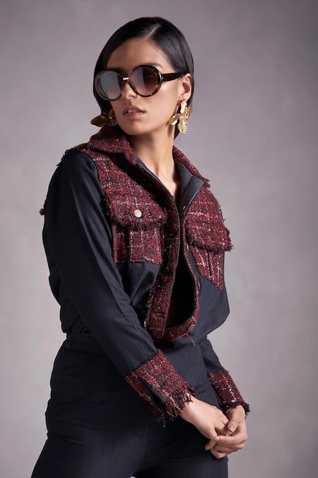 Shop_Qala Clothing_Grey Denim, Tweed Collared Liza Panelled Shirt And Pant Set_Online_at_Aza_Fashions