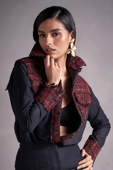 Qala Clothing_Grey Denim, Tweed Collared Liza Panelled Shirt And Pant Set_at_Aza_Fashions