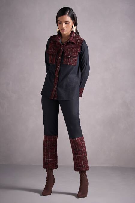 Shop_Qala Clothing_Grey Denim, Tweed Collared Liza Panelled Shirt And Pant Set_at_Aza_Fashions