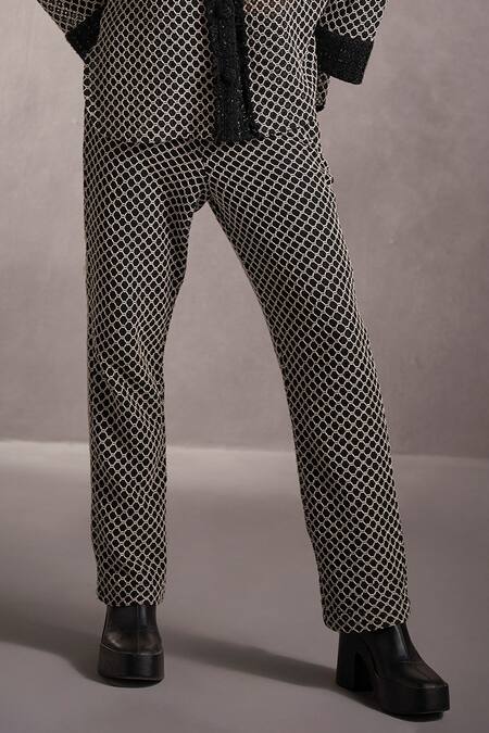 Qala Clothing Black Tweed Embroidery Collared Skyla Knitted Jacket And Pant Set Online at Aza Fashions Qala Clothing_Black Tweed Embroidery Collared Skyla Knitted Jacket And Pant Set _Online_at_Aza_Fashions