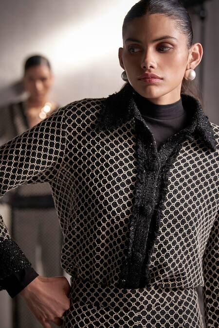 Buy Qala Clothing Black Tweed Embroidery Collared Skyla Knitted Jacket And Pant Set Online at Aza Fashions Buy_Qala Clothing_Black Tweed Embroidery Collared Skyla Knitted Jacket And Pant Set _Online_at_Aza_Fashions