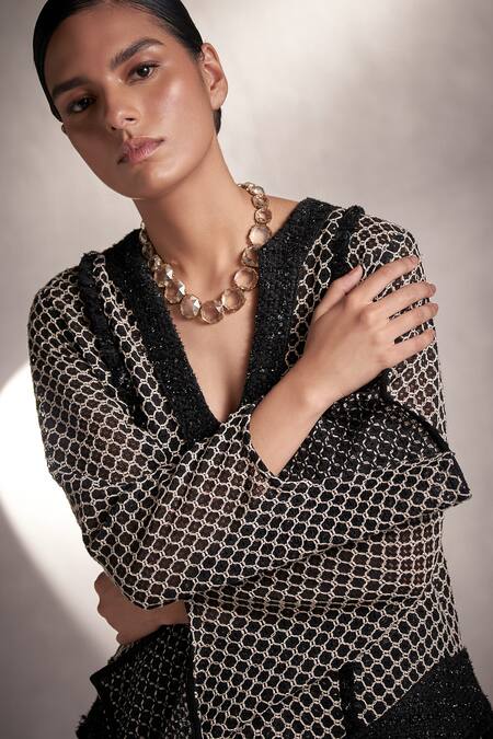 Buy_Qala Clothing_Black Tweed Embroidery Round Neck Rue Knitted Top And Pant Set _Online_at_Aza_Fashions
