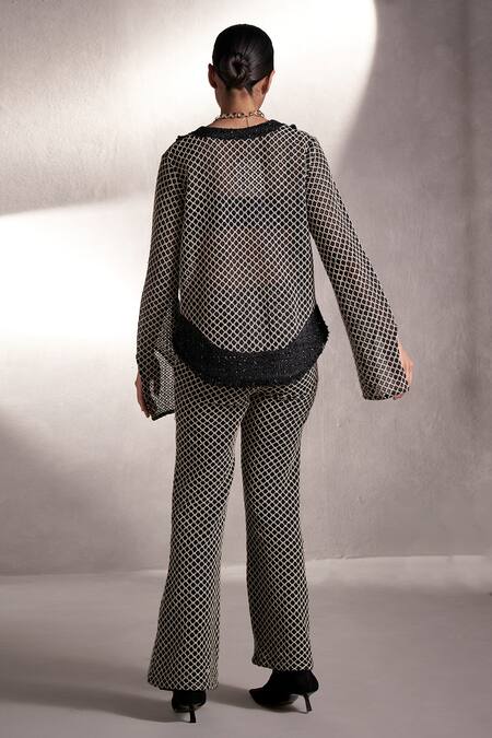 Shop_Qala Clothing_Black Tweed Embroidery Round Neck Rue Knitted Top And Pant Set _at_Aza_Fashions