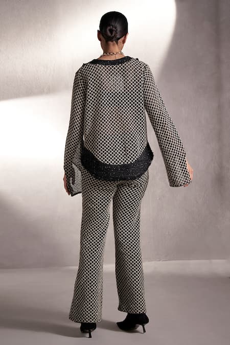 Shop_Qala Clothing_Black Cotton, Tweed Round Neck Rue Jaal Pattern Knitted Top _at_Aza_Fashions