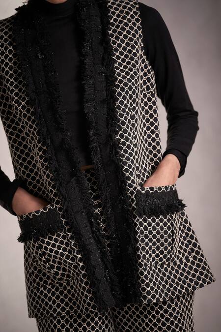 Shop Qala Clothing Black Tweed Open Neck Fallon Knitted Jacket And Pant Set Online at Aza Fashions Shop_Qala Clothing_Black Tweed Open Neck Fallon Knitted Jacket And Pant Set _Online_at_Aza_Fashions