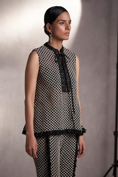 Qala Clothing Black Cotton, Tweed Fringe Mandarin Collar Knitted Crochet Top And Pant Set Online at Aza Fashions Qala Clothing_Black Cotton, Tweed Fringe Mandarin Collar Knitted Crochet Top And Pant Set _Online_at_Aza_Fashions