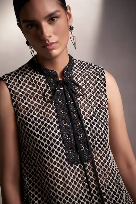 Buy Qala Clothing Black Cotton, Tweed Fringe Mandarin Collar Knitted Crochet Top And Pant Set Online at Aza Fashions Buy_Qala Clothing_Black Cotton, Tweed Fringe Mandarin Collar Knitted Crochet Top And Pant Set _Online_at_Aza_Fashions