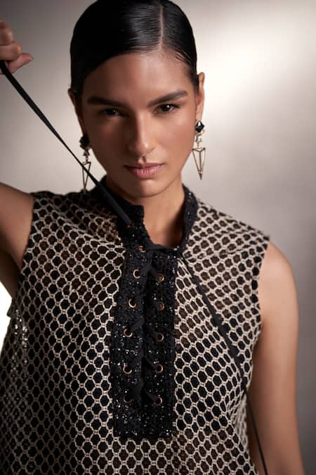 Shop Qala Clothing Black Cotton, Tweed Fringe Mandarin Collar Knitted Crochet Top And Pant Set Online at Aza Fashions Shop_Qala Clothing_Black Cotton, Tweed Fringe Mandarin Collar Knitted Crochet Top And Pant Set _Online_at_Aza_Fashions