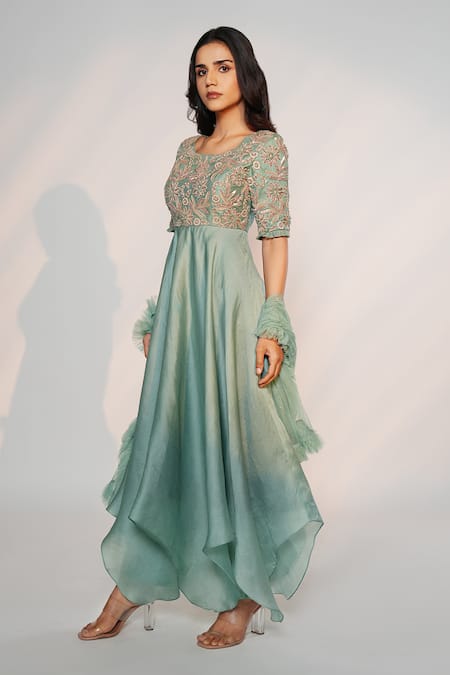 Anu Pellakuru_Green Silk, Organza, Denim, Net Embroidery Round Neck Kurta Pant Set _Online_at_Aza_Fashions