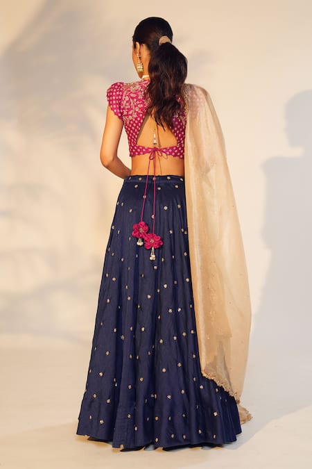 Shop Anu Pellakuru Blue Linen, Silk, Tissue Embroidery, Zari Round Neck Hand Blouse Lehenga Set at Aza Fashions Shop_Anu Pellakuru_Blue Linen, Silk, Tissue Embroidery, Zari Round Neck Hand Blouse Lehenga Set _at_Aza_Fashions
