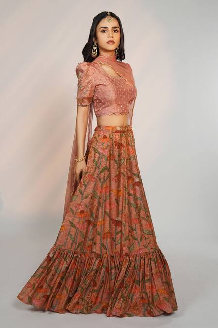 Anu Pellakuru_Peach , Net, Chanderi Zardosi Hand Embroidered Blouse Lehenga Set_Online_at_Aza_Fashions