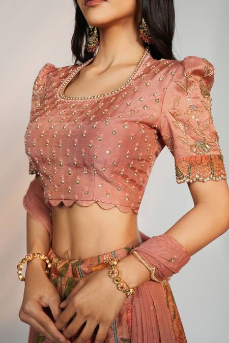 Shop_Anu Pellakuru_Peach , Net, Chanderi Zardosi Hand Embroidered Blouse Lehenga Set_Online_at_Aza_Fashions