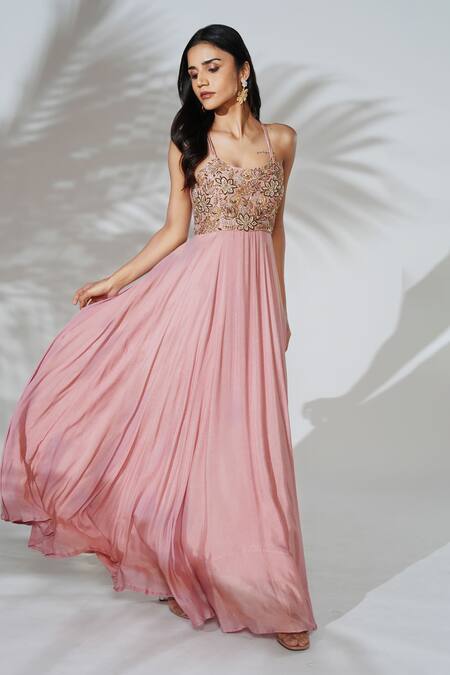 Anu Pellakuru_Purple Silk, Crepe Zari, Pearls Round Neck Hand Embroidered Flared Gown_Online_at_Aza_Fashions