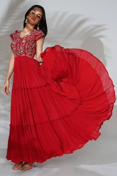 Anu Pellakuru Red Chiffon, Silk Sequins, Zari V-neck Zardosi Hand Embroidered Flared Gown Online at Aza Fashions Anu Pellakuru_Red Chiffon, Silk Sequins, Zari V-neck Zardosi Hand Embroidered Flared Gown _Online_at_Aza_Fashions