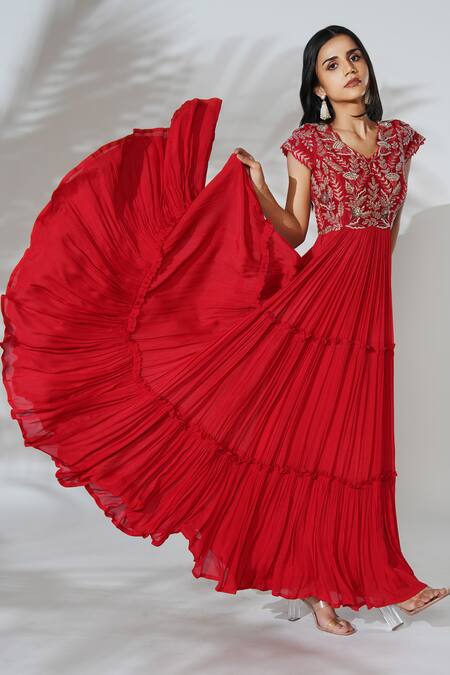 Buy Anu Pellakuru Red Chiffon, Silk Sequins, Zari V-neck Zardosi Hand Embroidered Flared Gown Online at Aza Fashions Buy_Anu Pellakuru_Red Chiffon, Silk Sequins, Zari V-neck Zardosi Hand Embroidered Flared Gown _Online_at_Aza_Fashions