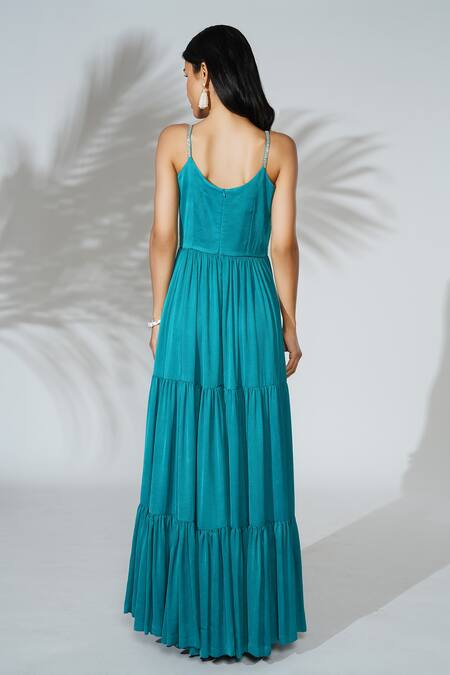 Shop Anu Pellakuru Blue Modal, Satin, Silk Zari, Pearls Hand Embroidered Tiered Gown at Aza Fashions Shop_Anu Pellakuru_Blue Modal, Satin, Silk Zari, Pearls Hand Embroidered Tiered Gown_at_Aza_Fashions