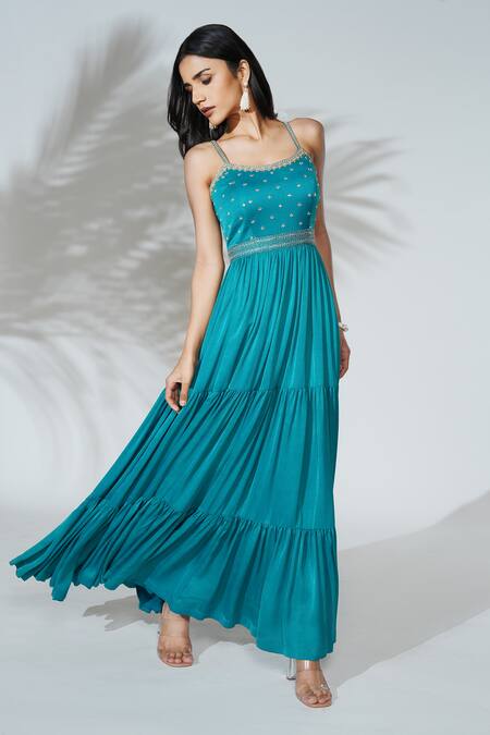 Anu Pellakuru Blue Modal, Satin, Silk Zari, Pearls Hand Embroidered Tiered Gown Online at Aza Fashions Anu Pellakuru_Blue Modal, Satin, Silk Zari, Pearls Hand Embroidered Tiered Gown_Online_at_Aza_Fashions