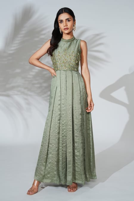 Anu Pellakuru Green Linen Silk Hand Embroidered Resham Knot High Neck Jumpsuit 