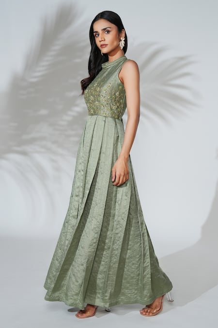 Anu Pellakuru_Green Linen, Silk Embroidery High Neck Hand Jumpsuit _Online_at_Aza_Fashions