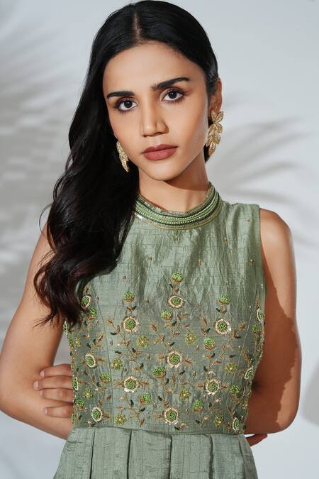 Buy_Anu Pellakuru_Green Linen, Silk Embroidery High Neck Hand Jumpsuit _Online_at_Aza_Fashions