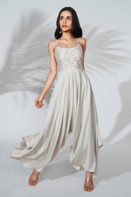 Anu Pellakuru_Off White Linen, Silk Embroidery Round Neck Resham Hand Jumpsuit _Online_at_Aza_Fashions