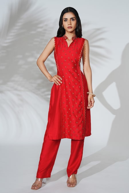 Anu Pellakuru Red Linen, Silk Embroidery Bandeau Neck Hand Kurta And Pant Set 