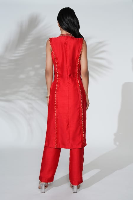 Shop Anu Pellakuru Red Linen, Silk Embroidery Bandeau Neck Hand Kurta And Pant Set at Aza Fashions Shop_Anu Pellakuru_Red Linen, Silk Embroidery Bandeau Neck Hand Kurta And Pant Set _at_Aza_Fashions