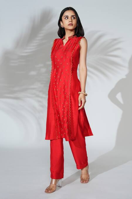 Shop Anu Pellakuru Red Linen, Silk Embroidery Bandeau Neck Hand Kurta And Pant Set Online at Aza Fashions Shop_Anu Pellakuru_Red Linen, Silk Embroidery Bandeau Neck Hand Kurta And Pant Set _Online_at_Aza_Fashions