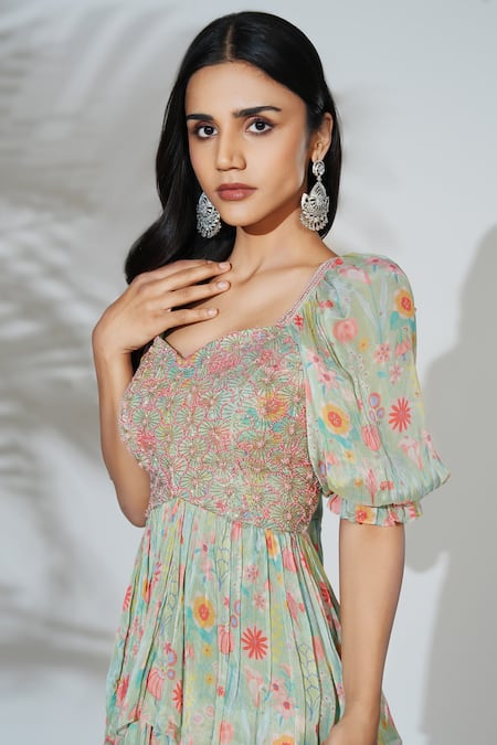 Anu Pellakuru_Green Chiffon Cut Work, Beads Sweetheart Neck Hand Embroidered Ruffle Gown_Online_at_Aza_Fashions