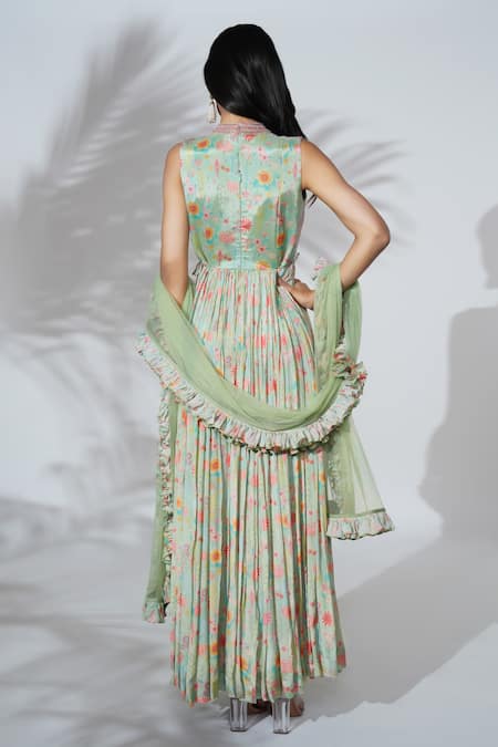 Shop Anu Pellakuru Green Net Embroidery, Sequins High Neck Floral Print Anarkali With Dupatta at Aza Fashions Shop_Anu Pellakuru_Green Net Embroidery, Sequins High Neck Floral Print Anarkali With Dupatta _at_Aza_Fashions