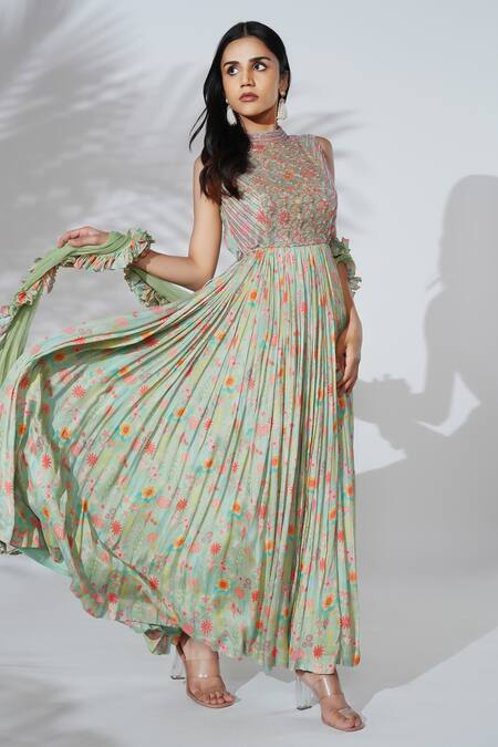 Anu Pellakuru Green Net Embroidery, Sequins High Neck Floral Print Anarkali With Dupatta Online at Aza Fashions Anu Pellakuru_Green Net Embroidery, Sequins High Neck Floral Print Anarkali With Dupatta _Online_at_Aza_Fashions