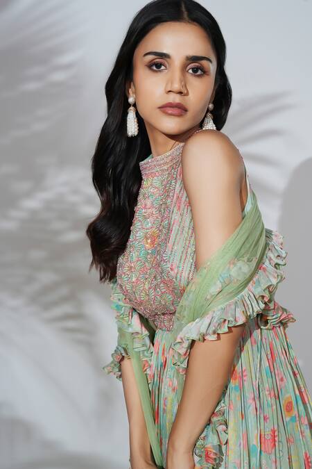 Buy Anu Pellakuru Green Net Embroidery, Sequins High Neck Floral Print Anarkali With Dupatta Online at Aza Fashions Buy_Anu Pellakuru_Green Net Embroidery, Sequins High Neck Floral Print Anarkali With Dupatta _Online_at_Aza_Fashions