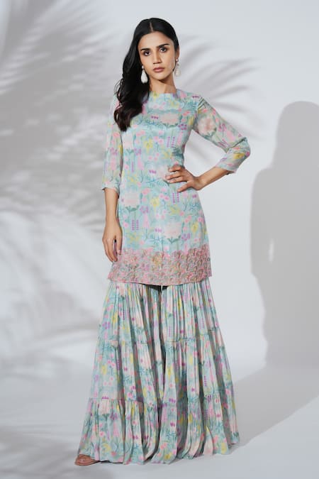 Buy Blue Chiffon Bemberg Printed Floral Round Kurta And Sharara Set For ...