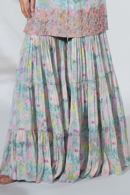 Anu Pellakuru_Blue Chiffon Sequins, Cut Work Round Neck Floral Print Kurta And Sharara Set _Online_at_Aza_Fashions