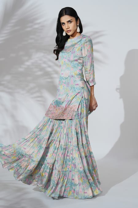 Buy_Anu Pellakuru_Blue Chiffon Sequins, Cut Work Round Neck Floral Print Kurta And Sharara Set _Online_at_Aza_Fashions