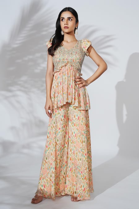 Anu Pellakuru Floral Print Peplum Top & Palazzo Set 