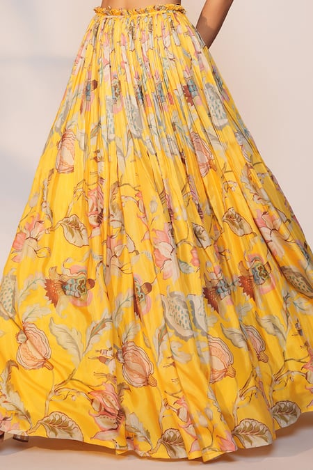 Buy_Anu Pellakuru_Yellow Muslin, Silk Zari, Pearls Round Neck Floral Pattern Blouse And Lehenga Set _Online_at_Aza_Fashions