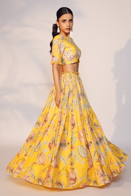 Shop_Anu Pellakuru_Yellow Muslin, Silk Zari, Pearls Round Neck Floral Pattern Blouse And Lehenga Set _Online_at_Aza_Fashions