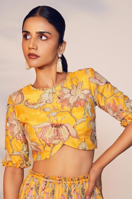 Anu Pellakuru_Yellow Muslin, Silk Zari, Pearls Round Neck Floral Pattern Blouse And Lehenga Set _at_Aza_Fashions